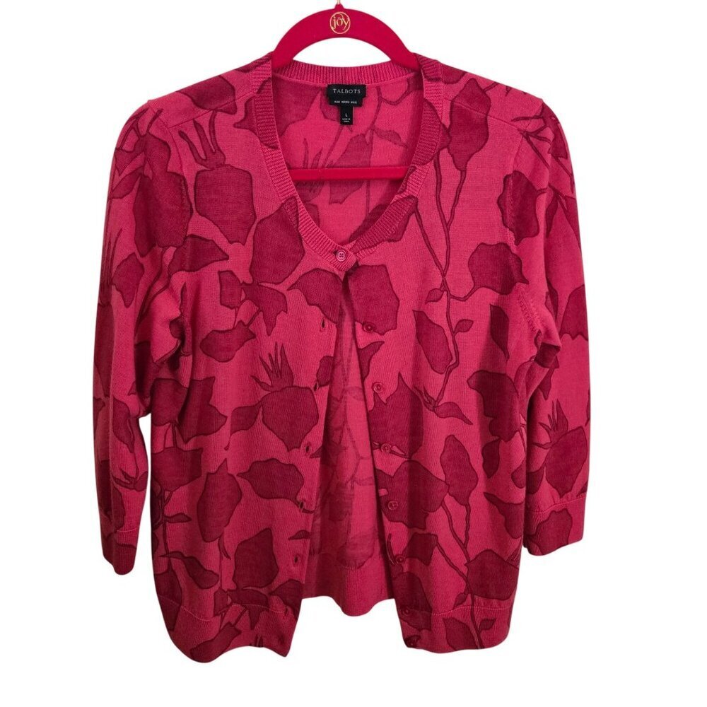 Talbots 100% Pure Merino Wool Pink Red Floral 3/4 Sleeve Cardigan Sweater Size L
